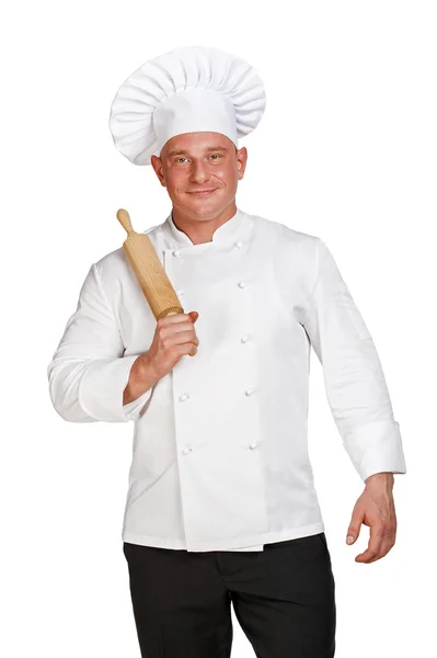 Chef in uniform with rolling pin isolated over white. — Stock Photo, Image