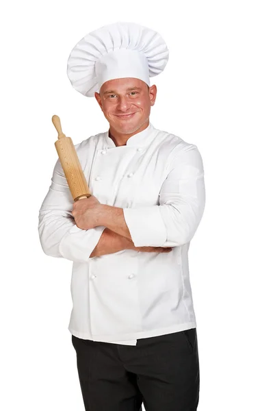 Chef in uniform with rolling pin isolated over white. — Stock Photo, Image