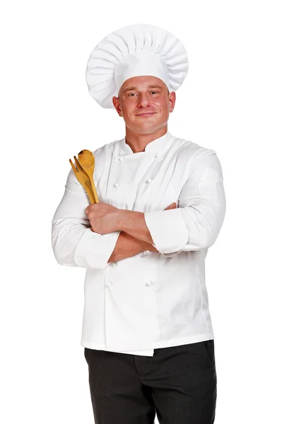 Chef man isolated over white background. Holding spoon and fork. — Stock Photo, Image