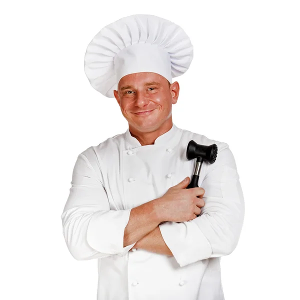 Chef man isolated over white background. Holding hammer. — Stock Photo, Image