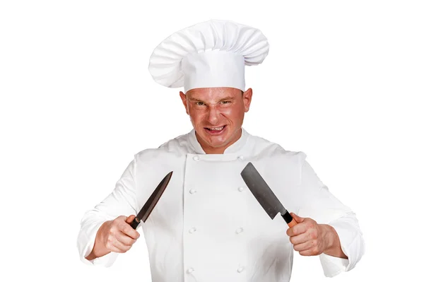 Θυμωμένος σεφ με μαχαίρι που απομονώνονται σε λευκό φόντο. — Φωτογραφία Αρχείου