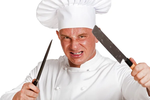 Angry chef with knife isolated over white background. — Stock Photo, Image