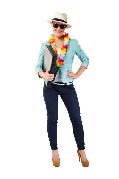 Woman smiling in hawaii flowers over white background — Stock Photo, Image