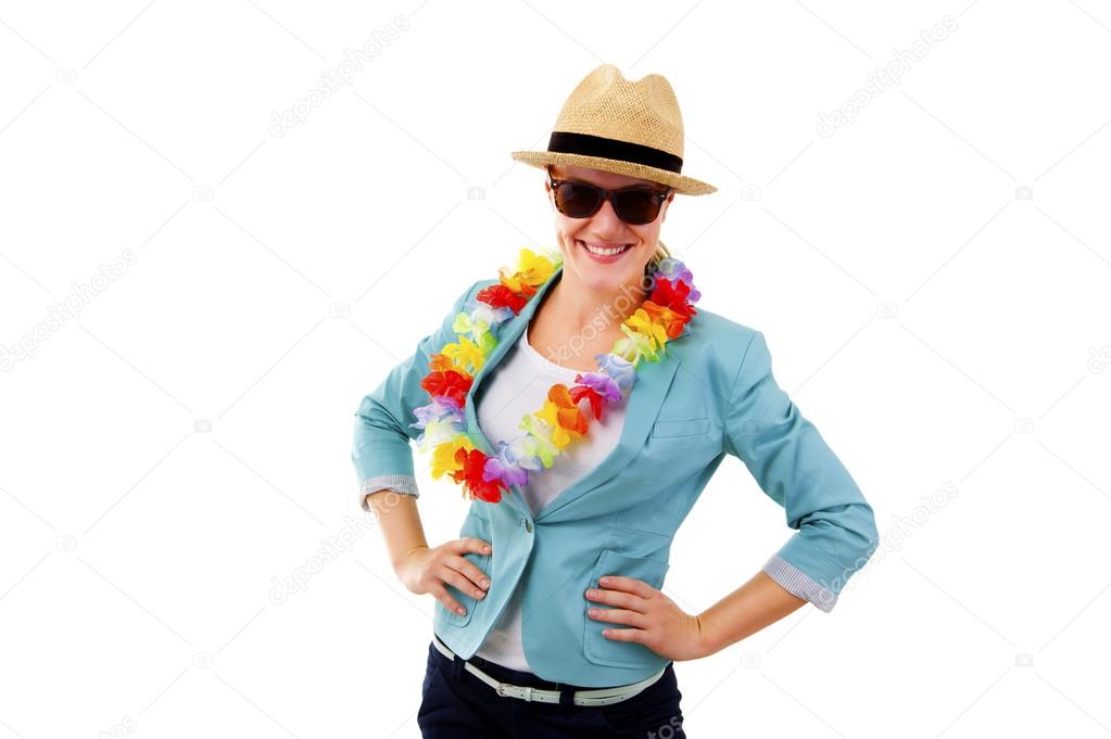 woman with hawaii girlands and sunglasses smiling