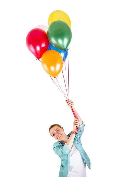 Kobieta z balonów nad białe tło uśmiechający się — Zdjęcie stockowe