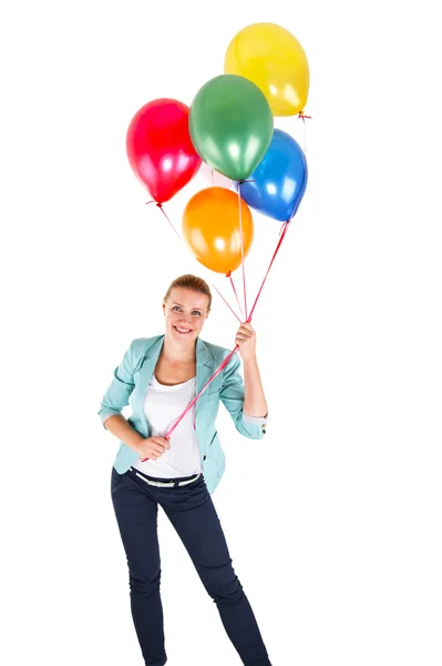 Frau mit Luftballons auf weißem Hintergrund lächelt — Stockfoto