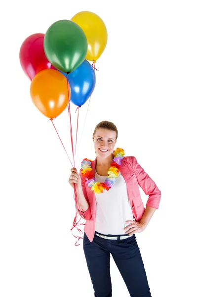 Жінка з повітряними кулями на білому тлі посміхається — стокове фото