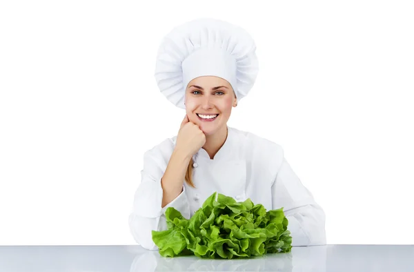 厨师的女人。在白色的背景分离由与萨尔桌 — 图库照片