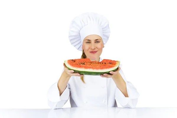 Vrouw chef-kok in uniform. Geïsoleerd op witte achtergrond — Stockfoto