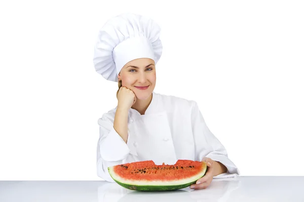 Vrouw chef-kok in uniform. Geïsoleerd op witte achtergrond — Stockfoto