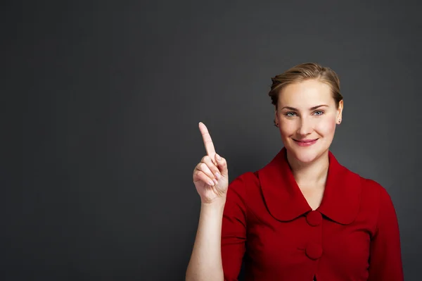 Businesswoman smile point finger to empty copy space, business w — Stock Photo, Image