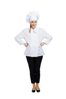 Genç profesyonel şef kadın. Beyaz arka plan üzerinde izole