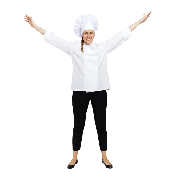 Joven chef profesional mujer. Aislado sobre fondo blanco — Foto de Stock