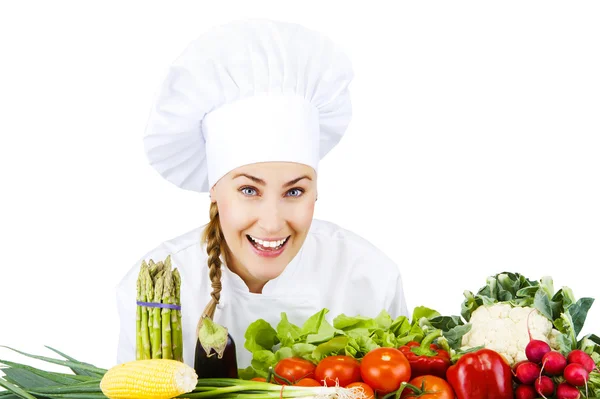 Bela jovem chef mulher preparar e decorar comida saborosa em — Fotografia de Stock