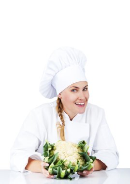 güzel genç Şef kadın hazırlamak ve lezzetli yemekler sebze dekorasyon