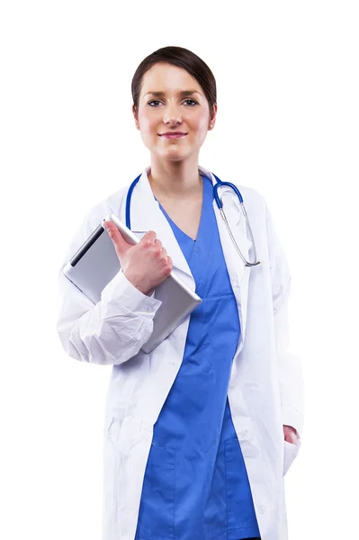 Beautiful young female medical intern with tablet computer on wh — Stock Photo, Image