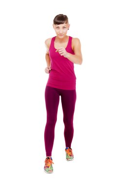 Çalışan, hareketli beyaz arka plan üzerinde izole genç kadın.