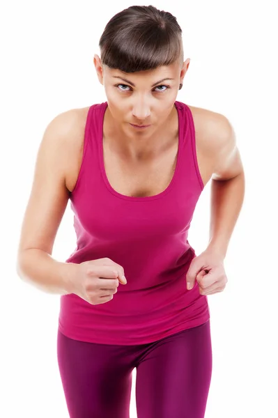 Mulher em corrida de roupa fitness, isolado sobre fundo branco . — Fotografia de Stock