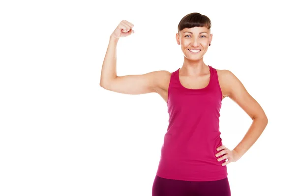 Jonge fitness vrouw tonen musculs wapens. Geïsoleerd over witte ba — Stockfoto