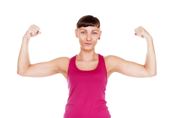 Jonge fitness vrouw tonen musculs wapens. Geïsoleerd over witte ba — Stockfoto