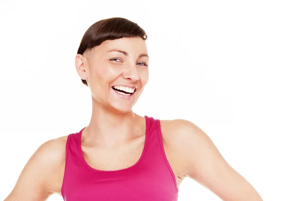 Portret van fitness vrouw geïsoleerd op witte achtergrond. Smilin — Stockfoto