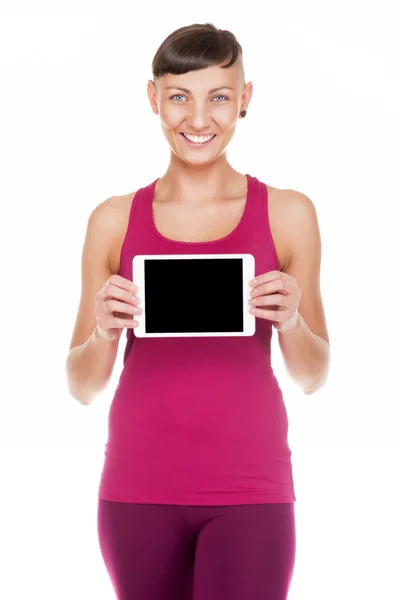 Portriat of fitness woman with tablet. isolated on white backgro — Stock Photo, Image