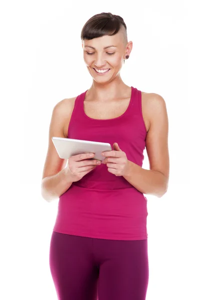 Portriat van vrouw met tablet, geïsoleerd op een witte achtergrond. SMI — Stockfoto