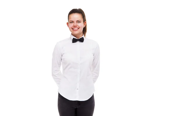 Mujer joven en uniforme de camarero aislado sobre fondo blanco . — Foto de Stock