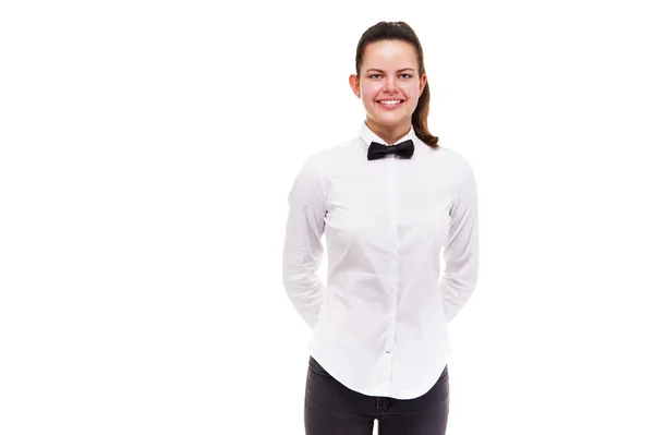 Mujer joven en uniforme de camarero aislado sobre fondo blanco . —  Fotos de Stock