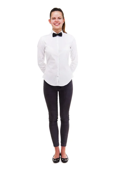 Young woman in waiter uniform isolated over white background. — Stock Photo, Image