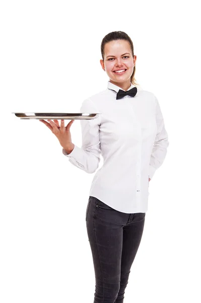 Jovem mulher no garçom uniforme segurando bandeja isolado sobre branco b — Fotografia de Stock