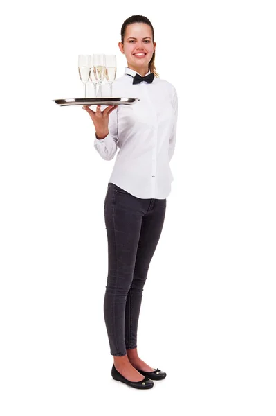 Woman in waiter uniform holding tray and glasses with champagne, — Stock Photo, Image