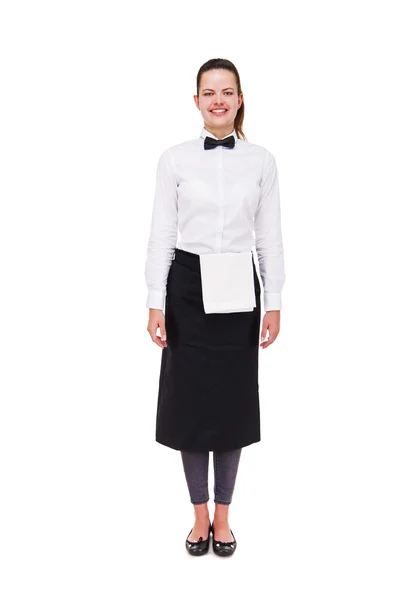 Mujer joven en uniforme de camarero aislado sobre fondo blanco . — Foto de Stock