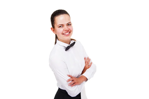 Mujer joven en uniforme de camarero aislado sobre fondo blanco . — Foto de Stock
