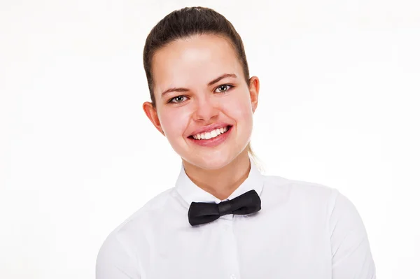 Mujer joven en uniforme de camarero aislado sobre fondo blanco . —  Fotos de Stock