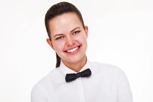 Giovane donna in uniforme cameriere isolato su sfondo bianco . — Foto Stock