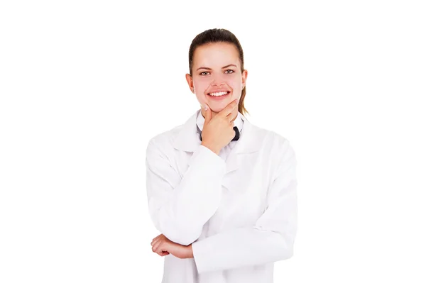 Scince woman in lab coat and bow tai smiling over white backgrou — Stock Photo, Image