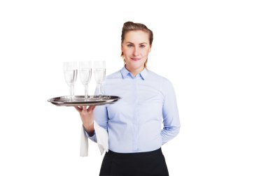 Tepsi gözlüklü holding, gülümseyen, isol garson üniformalı kadın
