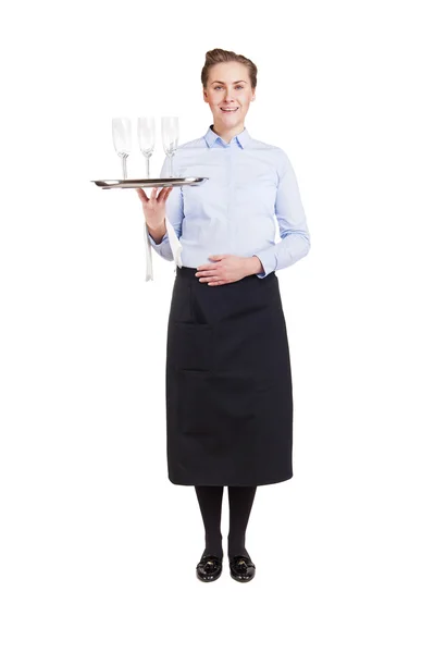 Mulher em garçom bandeja de segurando uniforme com óculos, sorrindo, isol — Fotografia de Stock