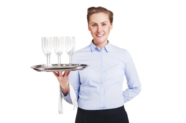 Mulher em garçom bandeja de segurando uniforme com óculos, sorrindo, isol — Fotografia de Stock