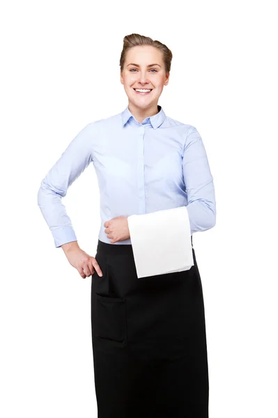 Kelnerka kobieta uśmiechając się na na białym tle. Blond hai — Zdjęcie stockowe