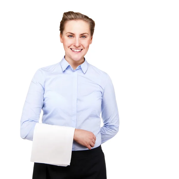 Cameriera donna sorridente su sfondo bianco isolato. Biondo hai — Foto Stock