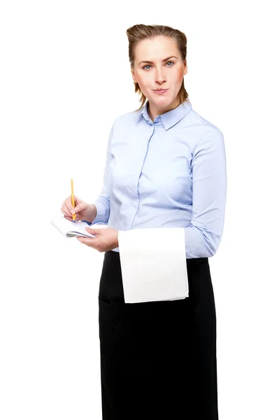 Woman in waiter uniform taking order, Smiling, isolated on white Stock Picture