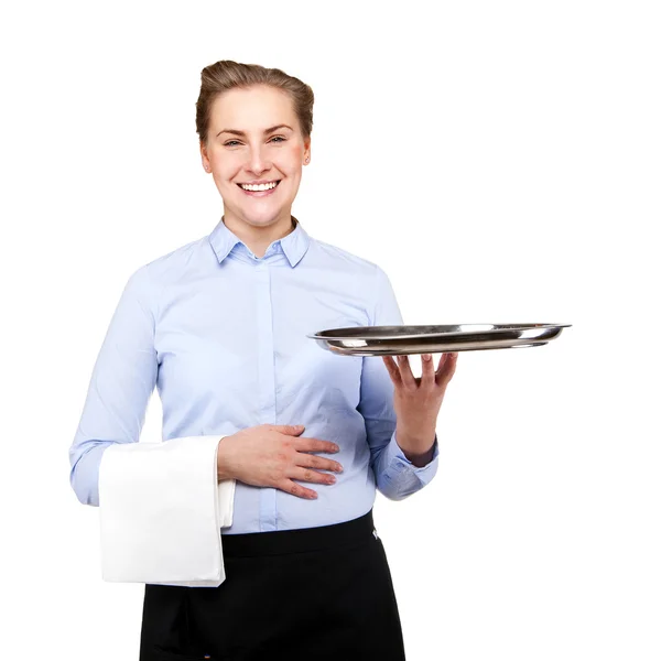 Kellnerin Frau lächelt isoliert über weißem Hintergrund. halten t — Stockfoto