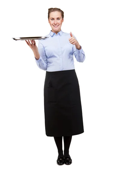 Waitress holding tray over white background with smile, showing — Stock Photo, Image