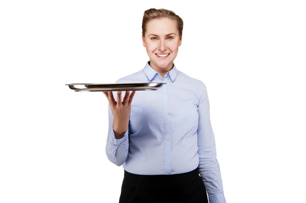 Camarera sosteniendo bandeja aislada sobre fondo blanco. Sonriendo. . —  Fotos de Stock