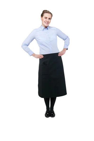 Waitress isolated over white background. Smiling blond woman in — Stock Photo, Image