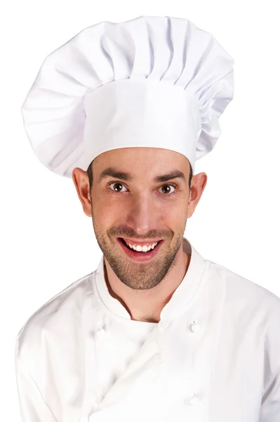 Um chef masculino isolado sobre fundo branco . — Fotografia de Stock