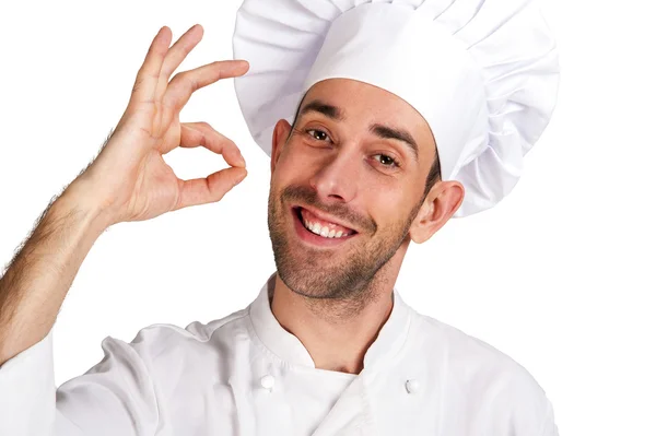 Professional chef man. Isolated over white background. Showing p — Stock Photo, Image