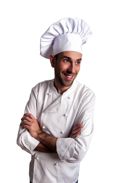 Portret van de mannelijke chef-kok glimlachend tegen witte achtergrond. — Stockfoto